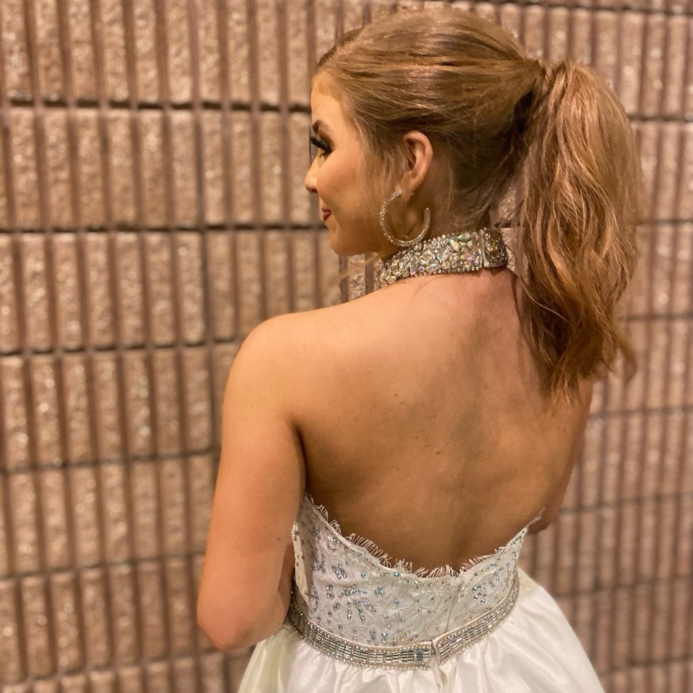 Elegant White Backless Dress with Sparkling Details
